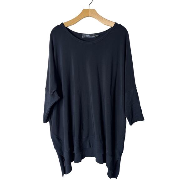 Sympli Tops - Sympli 16 Black Matte Jersey and Knit Dolman 3/4 Sleeve Asymmetric Tunic Top
